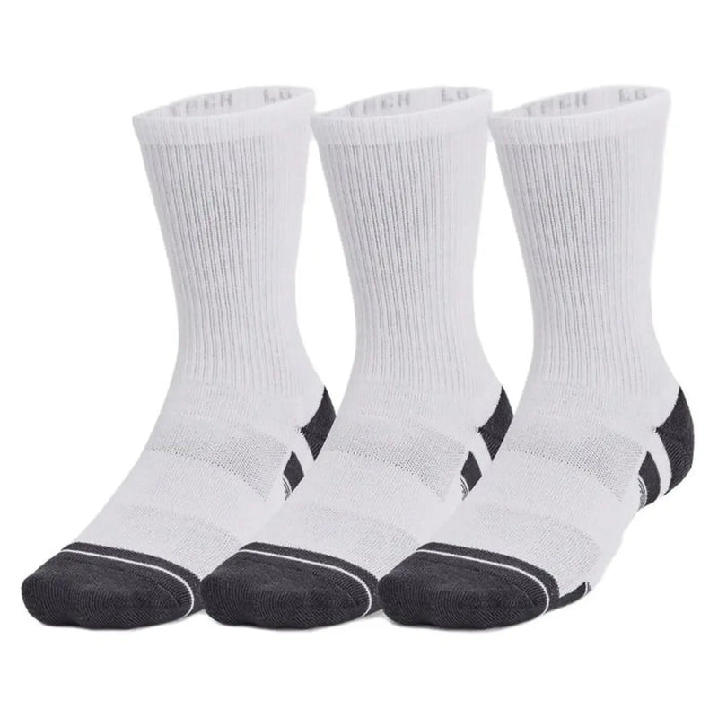 Under Armour men’s fall/winter white athletic socks with black heel and toe accents and ribbed texture