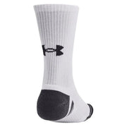 Under armour men’s fall/winter athletic sock in white with black logo and reinforced heel for enhanced durability