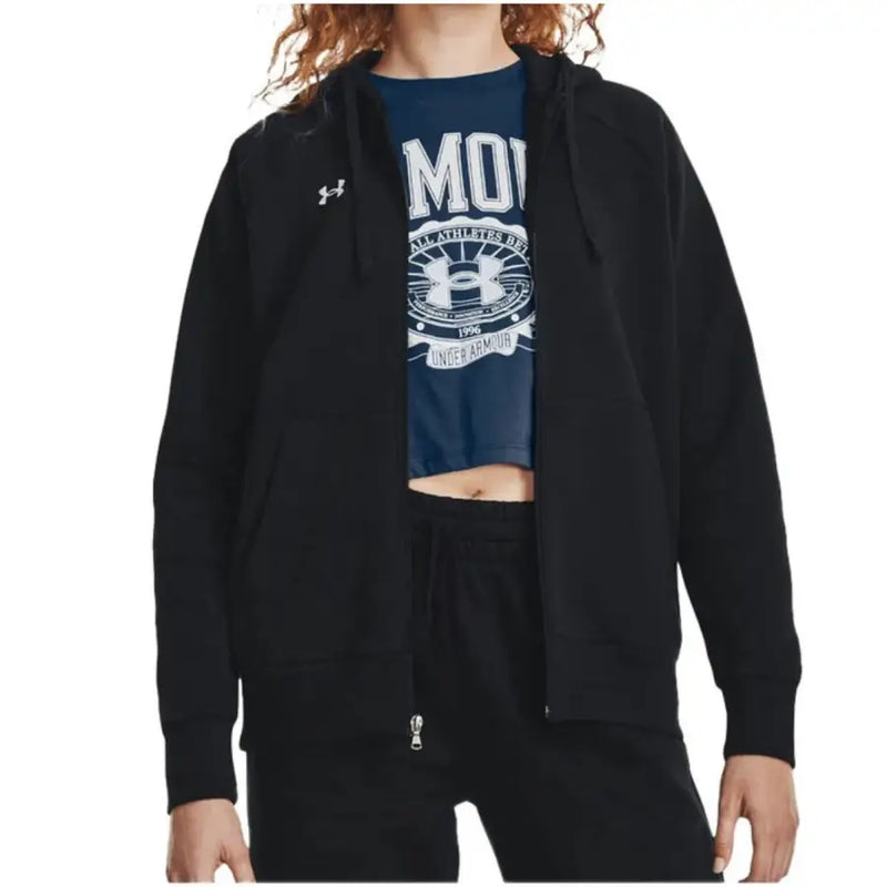 Under Armour women’s black hooded sweatshirt with front zipper closure front pockets and logo on the left chest