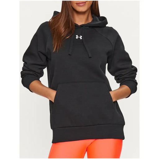 Under Armour women’s black hooded sweatshirt with white logo, drawstrings, and front pockets for comfort and style