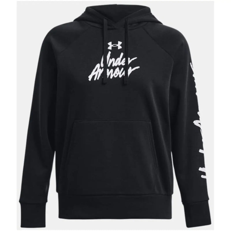 Under Armour women’s black hooded sweatshirt in premium cotton with white script logo and matching drawstrings