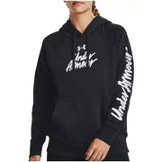 Under Armour women’s black hooded sweatshirt premium cotton with white cursive branding on chest and left sleeve