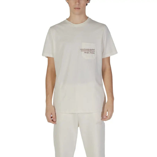 Off-white cotton underclub men short sleeve round neck t shirt with subtle dark brown embroidered pocket on left chest