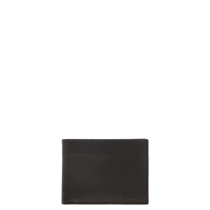 Ungaro brown mens wallet in black leather with subtle stitching and embossed logo on lower right corner shown from back