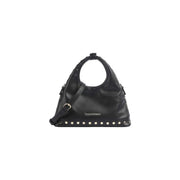 Valentino Damenhandtasche aus schwarzem Leder mit silbernen Nieten und rundem Muster top Griff aus Kunststoff, 16 x 30 cm