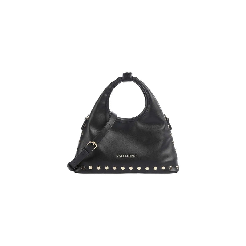 Valentino Damenhandtasche aus schwarzem Leder mit silbernen Nieten und rundem Muster top Griff aus Kunststoff, 16 x 30 cm