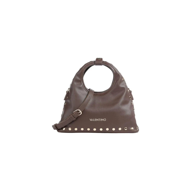 Braune Lederhandtasche von Valentino mit silberfarbenen Nieten und kreisförmigem top Griff, synthetisches schwarzes Modell 16 x 30 cm