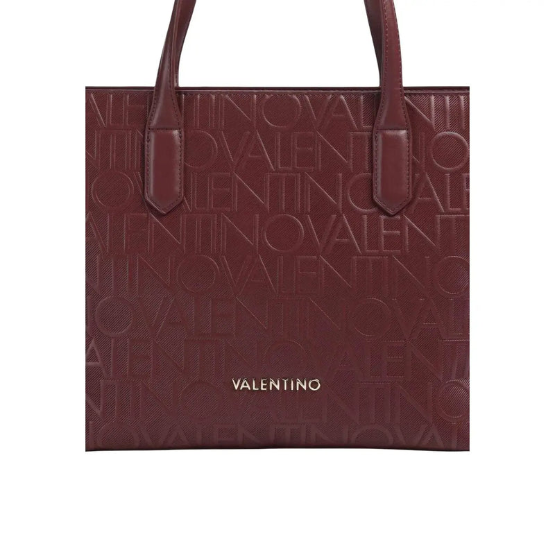 Burgunderrote Valentino-Tragetasche aus Kunstleder mit geprägtem Logomuster und goldfarbenem Markenlogo, 35 x 28 cm