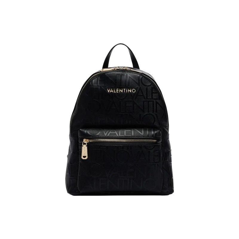 Schwarzer Valentino-Rucksack mit geprägtem Logomuster und goldfarbenen Reißverschlüssen aus Synthetikmaterial, 35 x 28 cm