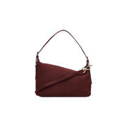 Valentino Damen-Schultertasche aus bordeauxfarbenem Wildleder, 26 cm, mit gebogenem top Griff und verstellbarer Riemen mit goldfarbenen Beschlägen