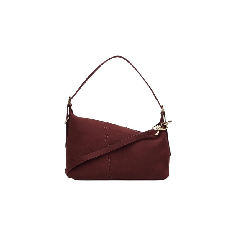 Valentino Damen-Schultertasche aus bordeauxfarbenem Wildleder, 26 cm, mit gebogenem top Griff und verstellbarer Riemen mit goldfarbenen Beschlägen