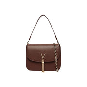 Valentino Damen-Schultertasche aus braunem Polyurethan mit strukturiertem Leder, goldfarbenem Kettenriemen und V-förmigem Verschluss