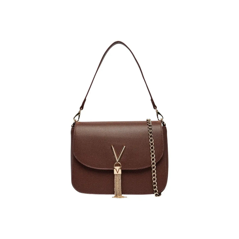 Valentino Damen-Schultertasche aus braunem Polyurethan mit strukturiertem Leder, goldfarbenem Kettenriemen und V-förmigem Verschluss