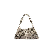 Valentino Damenhandtasche aus grauem Synthetikmaterial mit taupe-schwarzem Schlangenmuster und goldfarbenem Kettenriemen, 31 x 14 cm (B x H)