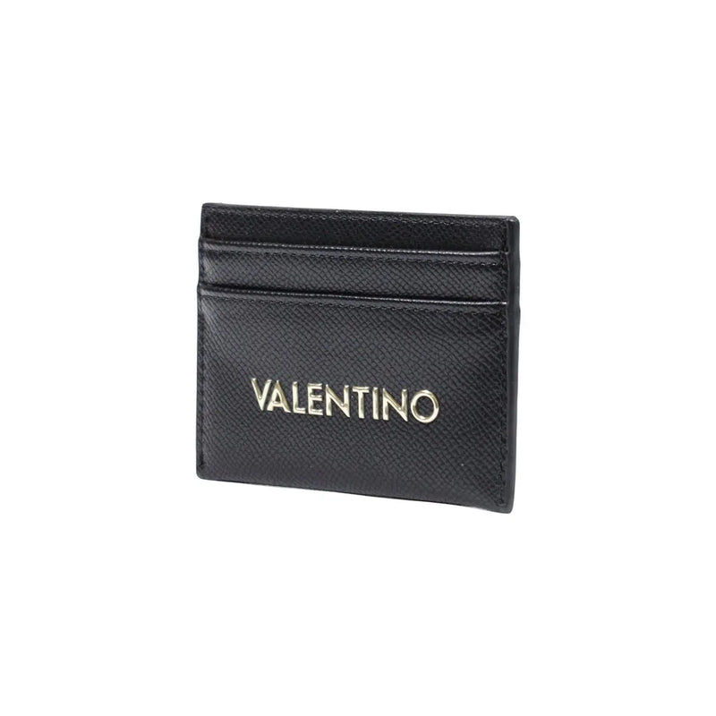 Schwarzes Leder-Kartenetui von Valentino mit goldfarbenem Logo und strukturierter Oberfläche (aus der Kollektion Valentino Bags Women Wallet W10.5).