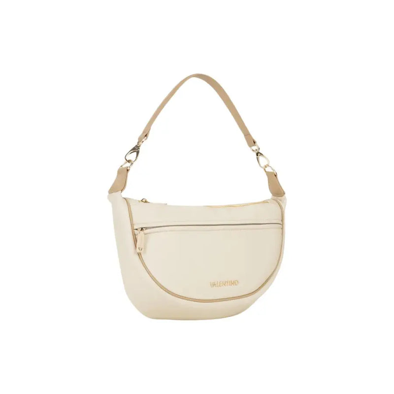 Valentino beige handbag with shoulder strap and pockets featuring a cream-colored sleek curved design and tan leather strap