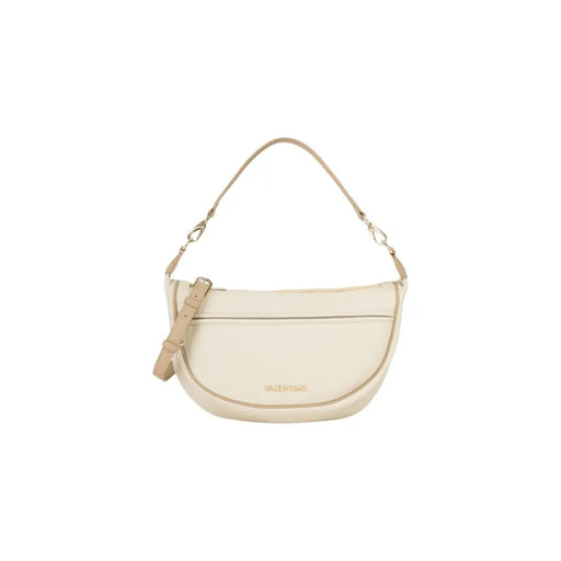 Cream-colored Valentino beige shoulder bag with sleek curved design matching leather strap and multiple pockets