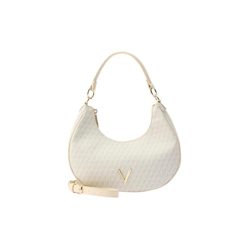 Valentino beige cream-colored woven handbag with gold-tone v logo and matching adjustable shoulder strap
