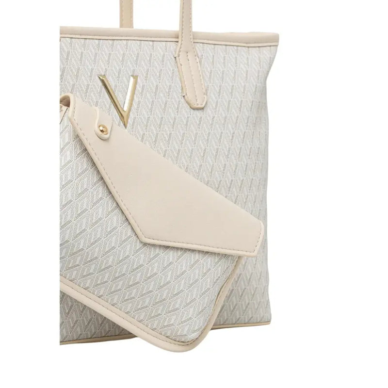Valentino beige polyurethane tote bag with subtle geometric pattern and gold-tone v logo accent with inner pouch