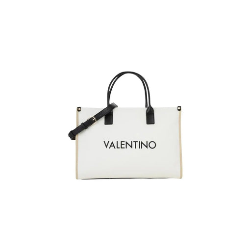 White Valentino tote bag with black leather handles and adjustable strap