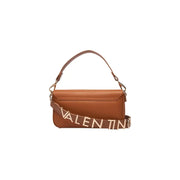 Hellbraune Valentino-Lederhandtasche mit goldfarbenem, beschriftetem Riemen