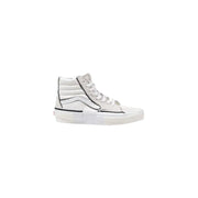 White high-top vans sneaker with black accents and leather material.