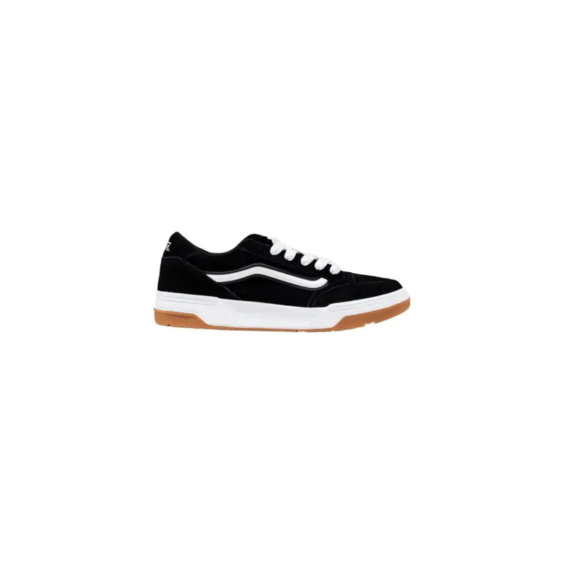 Black and white vans skate shoe with gum sole.