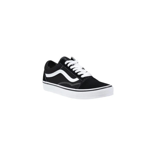 Black and white vans old skool sneaker with canvas upper, rubber sole.