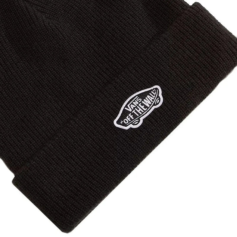 Schwarze Vans-Mütze aus geripptem Strick mit weißem, gesticktem „Off the Wall“-Logo, Vorderansicht