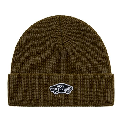 Vans Herren-Strickmütze mit Rippstrickbündchen in Olivgrün mit weißem, gesticktem „Off the Wall“-Logo am umgeschlagenen Rand, Vorderansicht