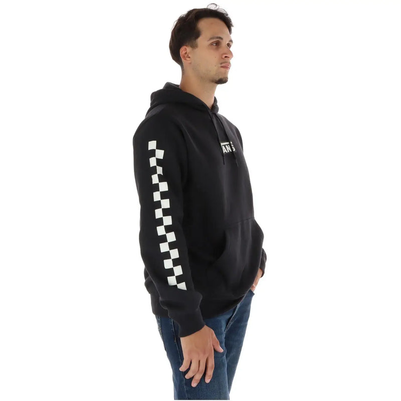 Schwarzer Vans Herren-Hoodie aus Baumwollfleece mit weißem Karomuster am linken Ärmel und kleinem Logo auf der Brust