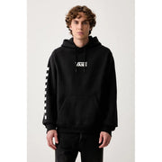 Schwarzer Vans Herren-Hoodie aus Baumwollfleece mit weißem Logo und gestreiftem Ärmeldesign im lässigen Stil