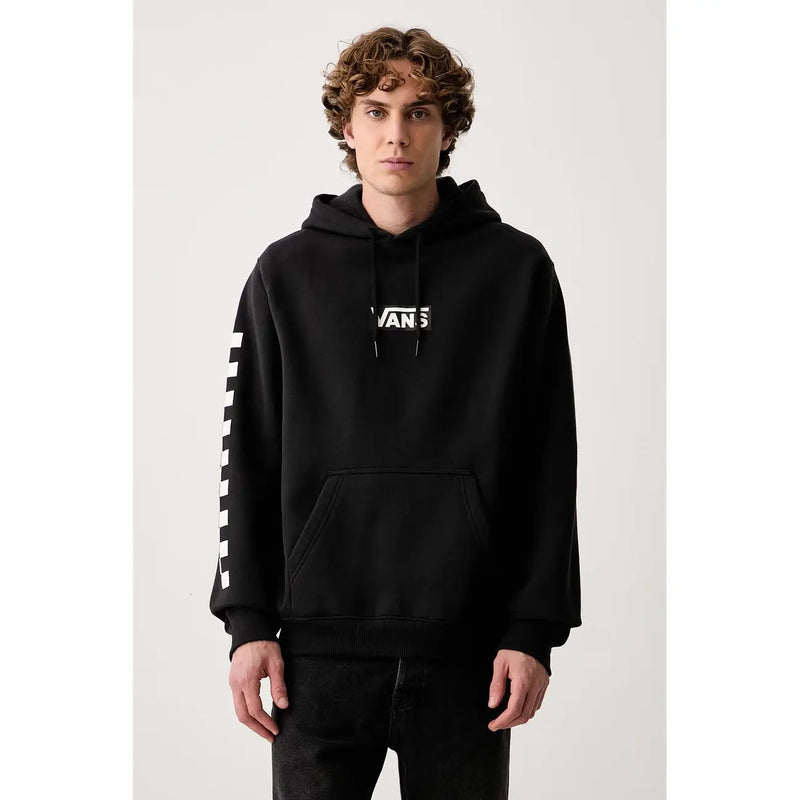 Schwarzer Vans Herren-Hoodie aus Baumwollfleece mit weißem Logo und gestreiftem Ärmeldesign im lässigen Stil