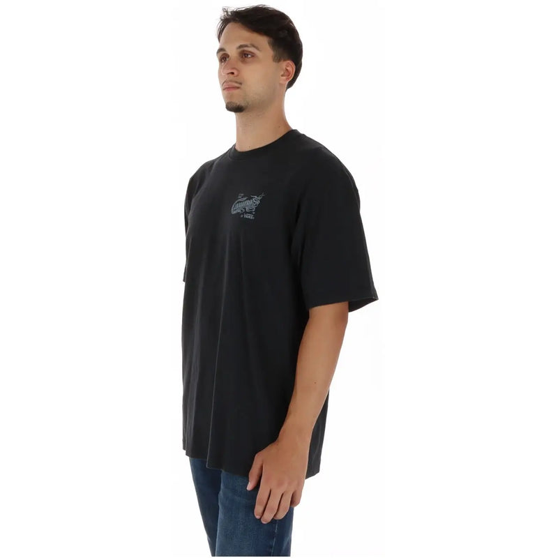 Schwarzes Vans Herren-T-Shirt aus Baumwolle mit kurzen Ärmeln, kleinem Grafikprint auf der linken Brust und Rundhalsausschnitt