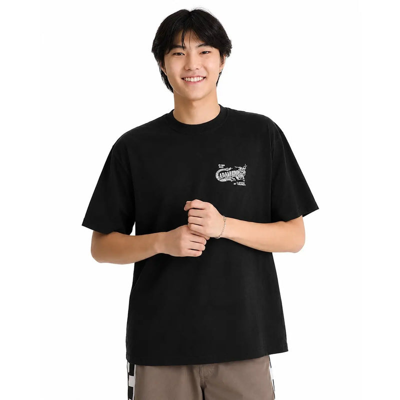 Schwarzes Vans Herren-T-Shirt aus Baumwolle mit kurzen Ärmeln, weißem Grafikprint auf der Brust und Rundhalsausschnitt