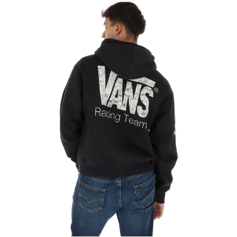 Schwarzes Vans Herren-Sweatshirt aus Baumwolle mit Reißverschluss und einem dezenten, weißen Vans Racing Team-Logo sowie Schriftzug auf der Rückseite.