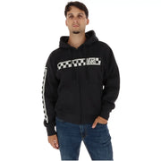Schwarzes Vans Herren-Sweatshirt aus Baumwolle mit Reißverschluss und auffälligem, weiß-kariertem Flaggenmuster auf Brust und Ärmeln