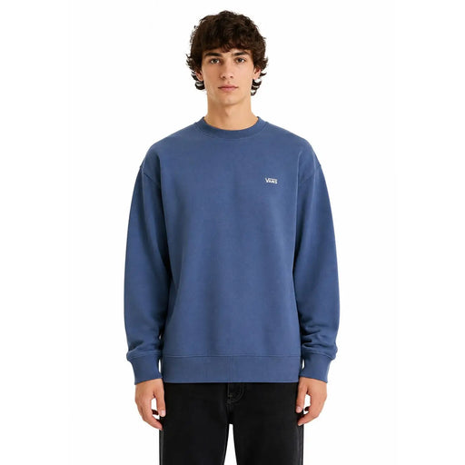 Blaues Vans Herren-Sweatshirt aus Baumwolle mit Rundhalsausschnitt und kleinem weißen Logo auf der linken Brust.