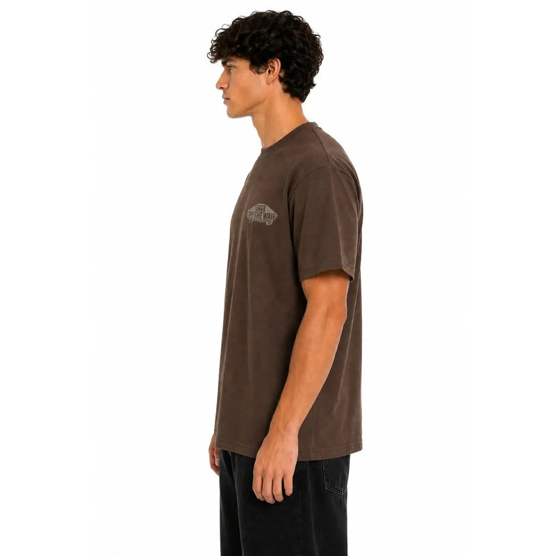 Braunes Vans Herren-T-Shirt aus Baumwolle mit verblasstem Logo auf der Brust und kurzen Ärmeln mit Grafikprint