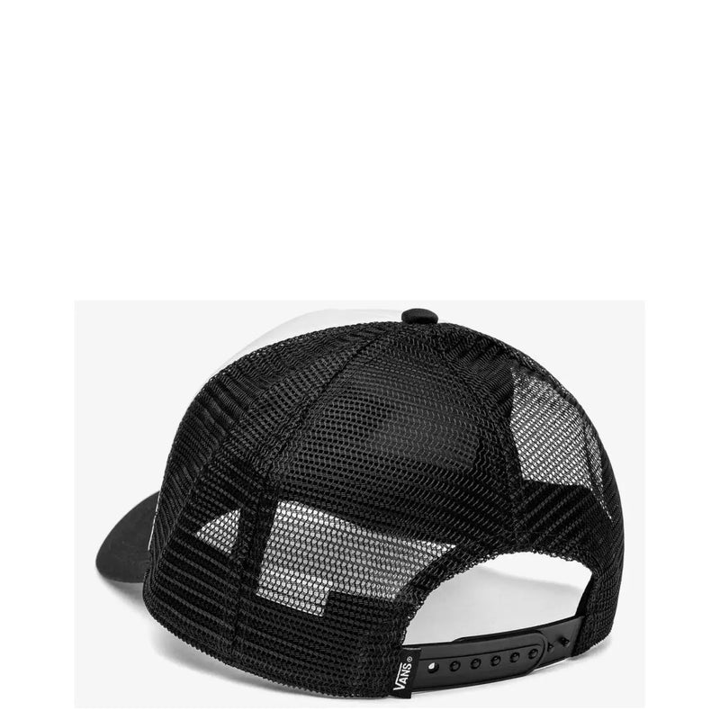 Rückseite der schwarzen Vans Herrenkappe aus Polyester mit schwarzem Mesh-Gewebe und verstellbarem Riemen mit Vans-Logo