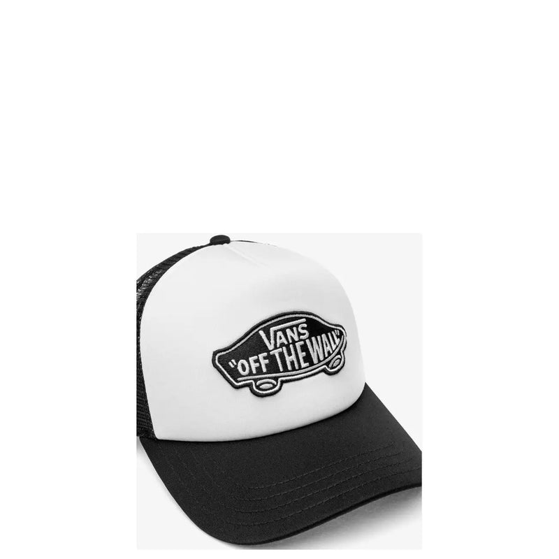 Weiße und schwarze Vans Trucker-Kappe mit Mesh-Rückseite und gesticktem „Off the Wall“-Logo aus Polyester