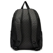 Schwarzer Vans Herren-Rucksack aus Polyester mit dezentem Karomuster und einfarbig schwarzen Tragegurten, von hinten gesehen.
