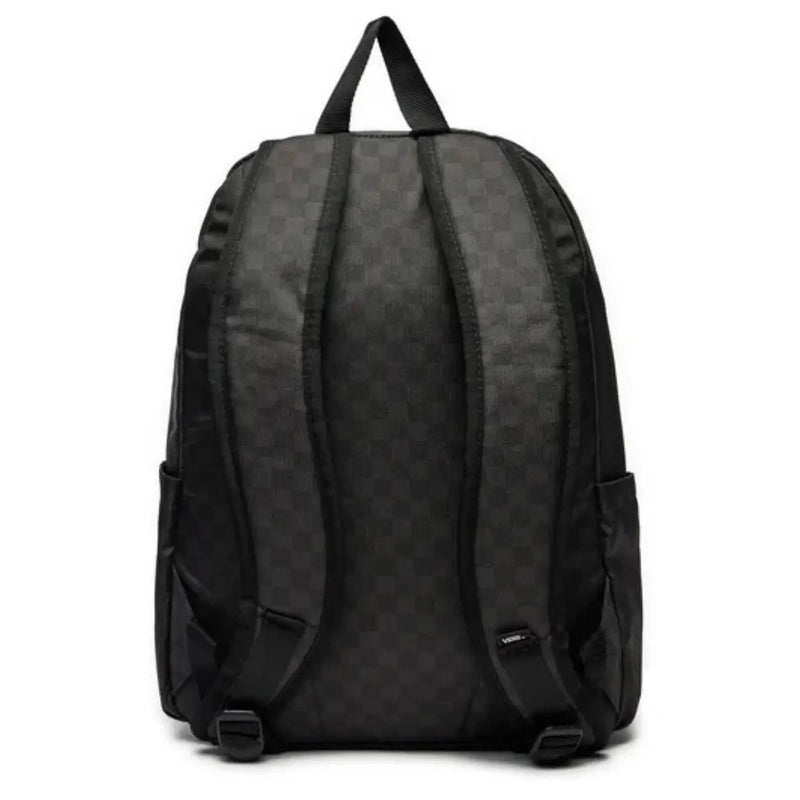 Schwarzer Vans Herren-Rucksack aus Polyester mit dezentem Karomuster und einfarbig schwarzen Tragegurten, von hinten gesehen.