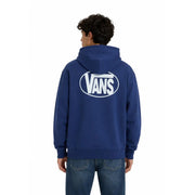 Blauer Vans Herren-Hoodie aus Baumwolle mit weißem ovalem Logo auf der Rückseite und Details an der Vordertasche.