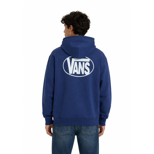 Blauer Vans Herren-Hoodie aus Baumwolle mit weißem ovalem Logo auf der Rückseite und Details an der Vordertasche.