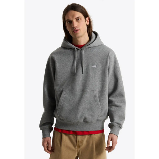 Grauer, melierter Vans Herren-Hoodie aus Baumwolle mit kleinem weißen Brustlogo und rotem Saum am Bund
