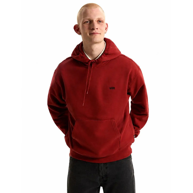 Roter Vans Herren-Baumwollhoodie in Bordeaux mit kleinem schwarzen Logo auf der Brust und passenden Kordelzügen, Langarm-Sweatshirt