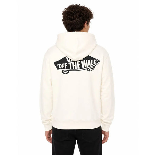 Cremefarbener Vans Herren-Baumwollhoodie, weißes Sweatshirt mit freiliegender Rückseite, schwarzem Skateboard-Motiv und ausgefallenem Design