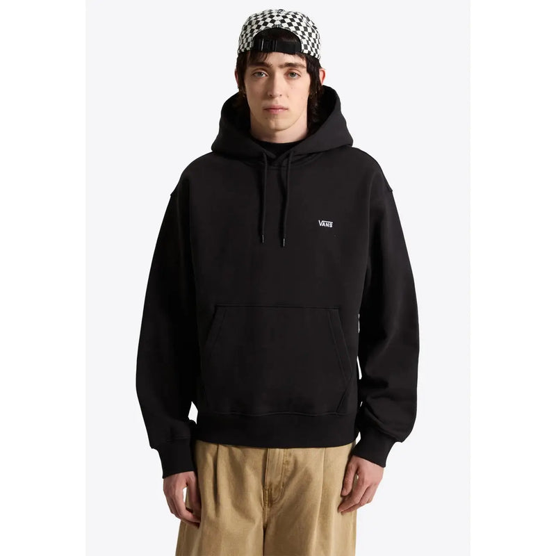 Schwarzes Vans Herren-Sweatshirt aus Baumwolle mit kleinem weißen Logo auf der Brust und schwarzen Vordertaschen.