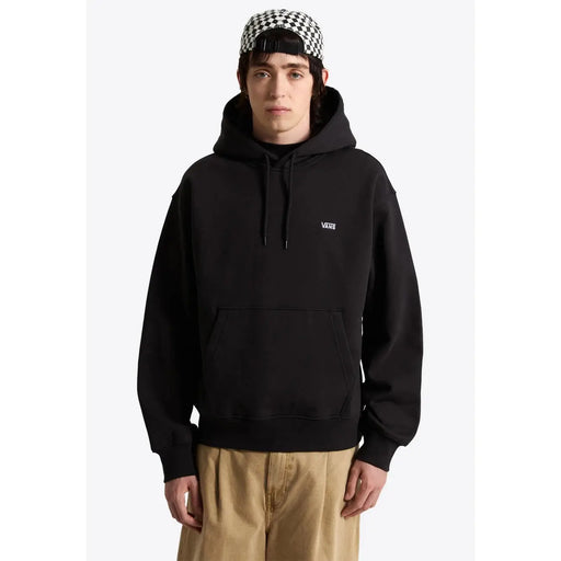 Schwarzes Vans Herren-Sweatshirt aus Baumwolle mit kleinem weißen Logo auf der Brust und schwarzen Vordertaschen.